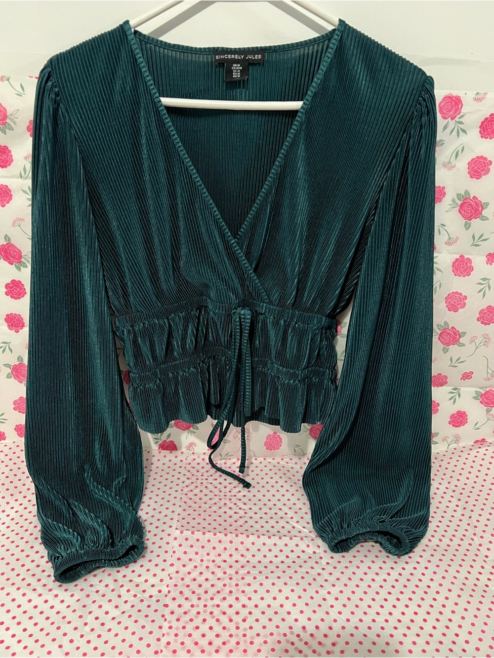 Sincerly Jules Emerald Green Pleated Wrap Crop Blouse